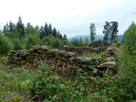 ruïnes van Sallochy met daarachter Loch Lomond ruïnes van Sallochy met daarachter Loch Lomond